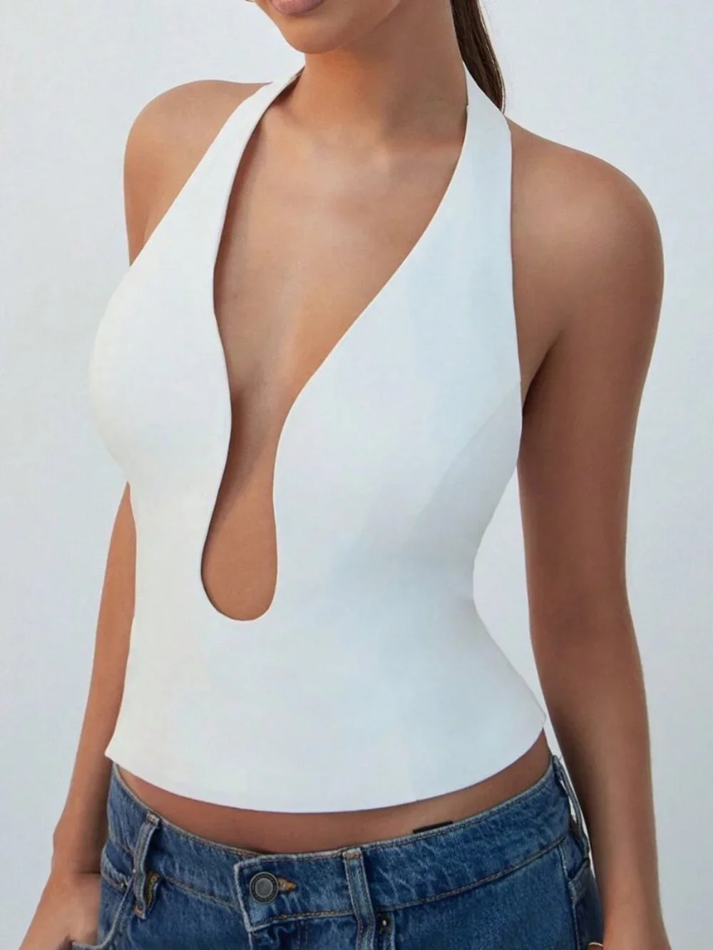 White Sexy Women's Deep Plunge Halter Top